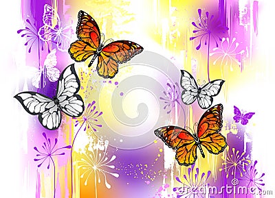 Monarch butterflies on painted background Vector Illustration