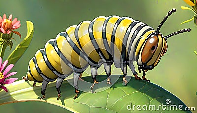 Monarch caterpillar vegetation habitat leaf Cartoon Illustration