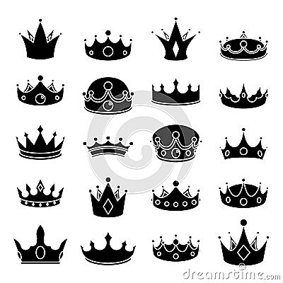 Monarch medieval royal crown queen king lord princess prince head cartoon silhouette icons set isolated vector Vector Illustration