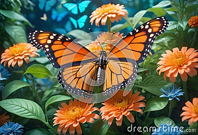 Monarch orange butterfly and bright summer flowers on a background Stock Photo