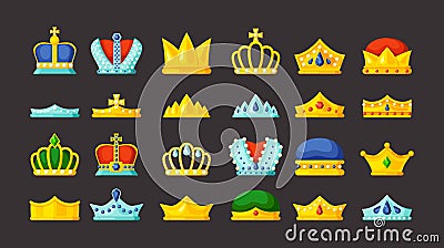 Monarch symbols. golden diadems and luxury crowns with gems royal collection vector items for kings princes and queens Vector Illustration