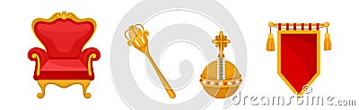 Monarchy and Royalty Symbol with Golden Scepter, Chair and Pennant Vector Set Vector Illustration