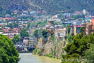 Monastery of Metekhi on the coast of Mtkvari Kura River. Beautiful view of Tbilisi, Georgia Stock Photo