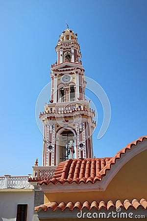 The monastery Panormitis is a large Venetian styled building with one of the highest baroque bell-towers in the world Stock Photo