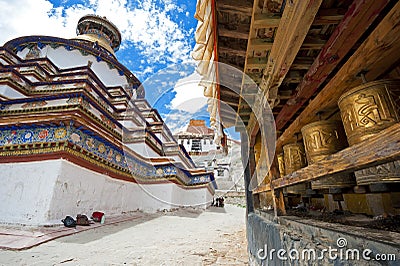 Monastery and prayer wheels Stock Photo