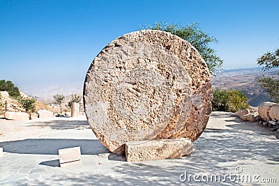 Monastery rolling stone door ,Mount Nebo, Jordan Stock Photo