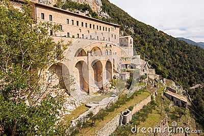 Monastery of Sacred Cave Sanctuary of Sacro Speco of Saint Benedict in Subiaco, province of Rome, Lazio, central Italy Stock Photo