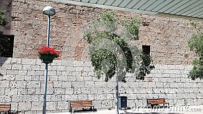 Moncerrat monastry yard. Trees and flowers Stock Photo