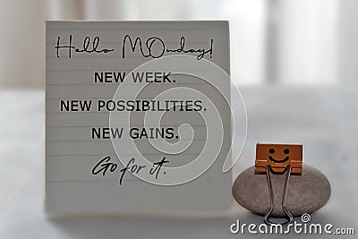 Monday concept with text message on notepaper - Hello Monday. New week. New possibilities. New gains. Go for it. Stock Photo