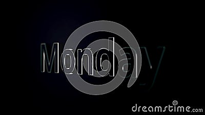 Monday text word gliding on black, glossy background, 3D animation. Silver, 3D text animation of word monday Stock Photo