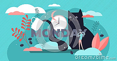 Monday vector illustration. Flat tiny sleepy morning symbol persons concept Vector Illustration