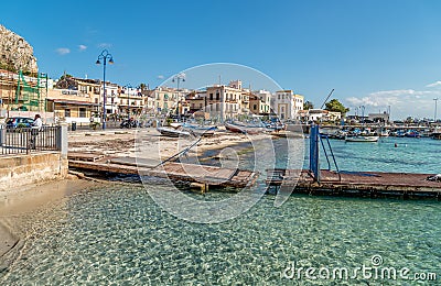 Small port with fishing boats in the center of Mondello near center of city Palermo. Editorial Stock Photo