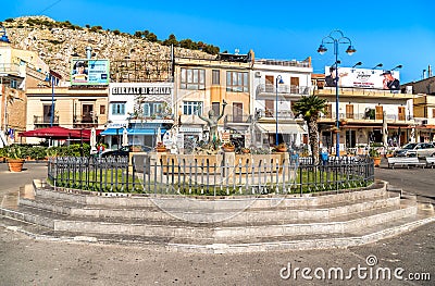 View of Sirena fountain on the central square of Mondello in Palermo. Editorial Stock Photo