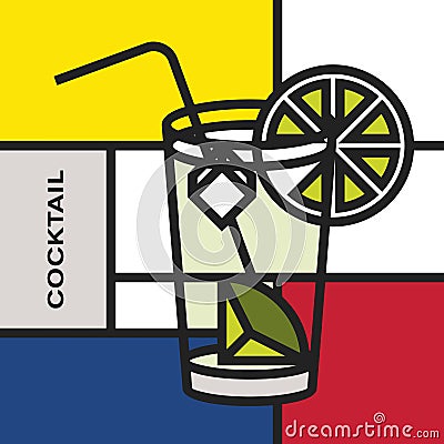 Highball glass cocktail lime. Modern style art with rectangular colour blocks. Vector Illustration