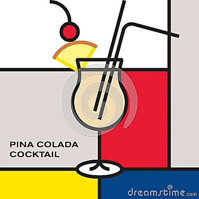 Pina colada cocktail in Poco Grande hurricane glass with drinking straw, garnish with pineapple wedge, maraschino cherry. Vector Illustration