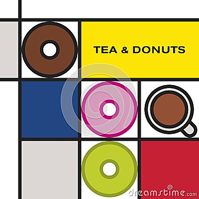 Three multicolor glaze decorated donuts with tea cup. Modern style art with rectangular colour blocks. Vector Illustration