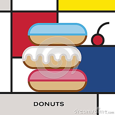 Three multicolor glazed donuts with cherry berry. Modern style art with rectangular colour blocks. Vector Illustration
