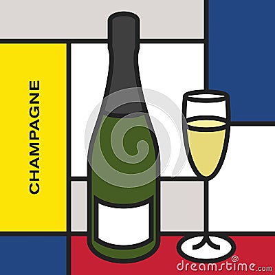 Champagne bottle with champagne glass. Modern style art with rectangular shapes. Vector Illustration