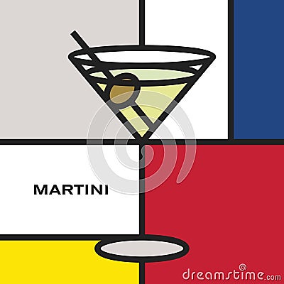 Cocktail glass with Martini cocktail. Modern style art with rectangular colour blocks. Cocktail with olive fruit. Vector Illustration