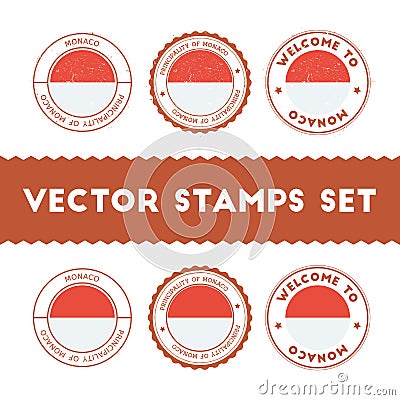 Monegasque flag rubber stamps set. Vector Illustration