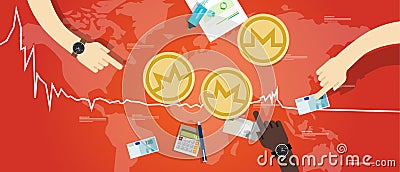 Monero coin decrease exchange value digital virtual price down chart red Vector Illustration