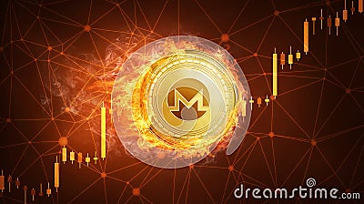 Monero coin in fire with bull stock chart. Editorial Stock Photo