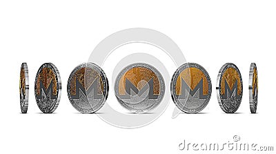 Monero coin shown from seven angles isolated on white background. Easy to cut out and use particular coin angle. Editorial Stock Photo