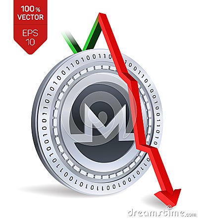 Monero. Fall. Red arrow down. Monero index rating go down on exchange market. Crypto currency. 3D isometric Physical Silver coin i Cartoon Illustration