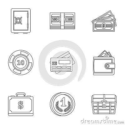 Monetary resource icons set, outline style Vector Illustration