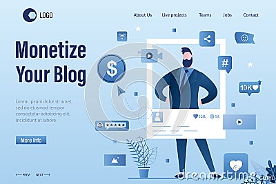 Monetize your blog landing page template. Businessman blogger create video content. Advertising revenue Vector Illustration