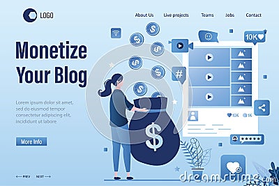 Monetize your blog landing page template. Businesswoman blogger creates media content and receives payments Vector Illustration