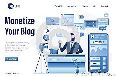 Monetize your blog landing page template. Handsome man blogger create video content. Unboxing video, product review Vector Illustration