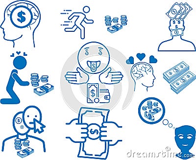 Money addiction icon, Money greedy icon, Money lover blue vector icon set Stock Photo