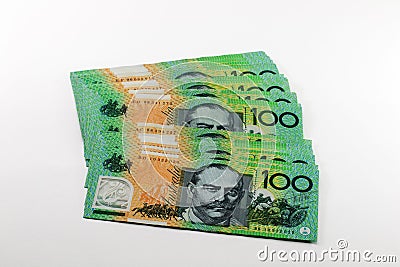 Money Australian hundred dollar bills isolate on white Stock Photo