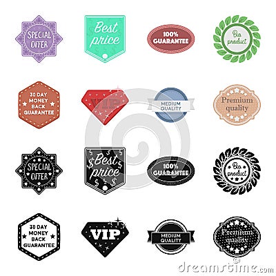 Money back guarantee, vip, medium quality,premium quality.Label,set collection icons in black,cartoon style vector Vector Illustration