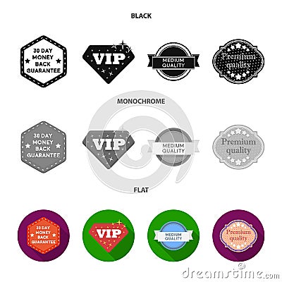 Money back guarantee, vip, medium quality,premium quality.Label,set collection icons in black, flat, monochrome style Vector Illustration