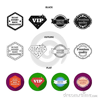 Money back guarantee, vip, medium quality,premium quality.Label,set collection icons in black,flat,outline style vector Vector Illustration