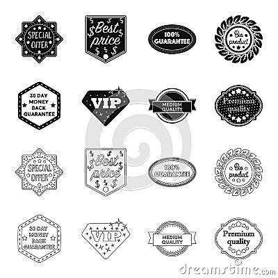 Money back guarantee, vip, medium quality,premium quality.Label,set collection icons in black,outline style vector Vector Illustration