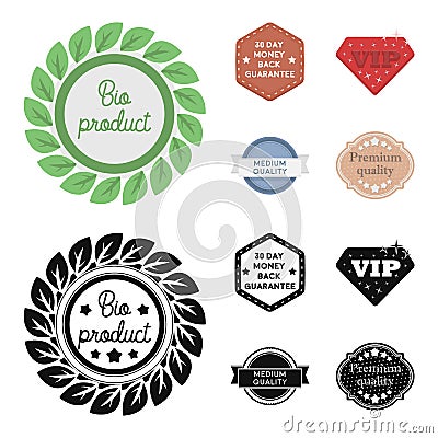 Money back guarantee, vip, medium quality,premium quality.Label,set collection icons in cartoon,black style vector Vector Illustration