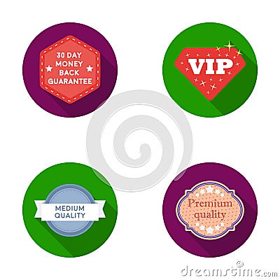 Money back guarantee, vip, medium quality,premium quality.Label,set collection icons in flat style vector symbol stock Vector Illustration