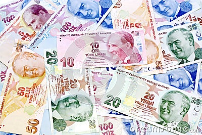 Lira Banknotes as background. Turkish money Stock Photo