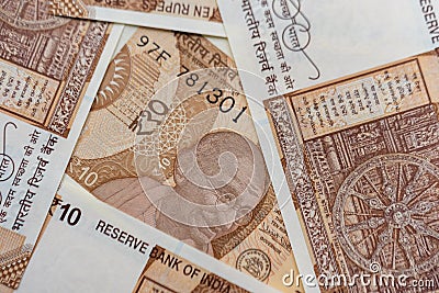 Indian New Ten Rupees Notes Landscape Stock Photo