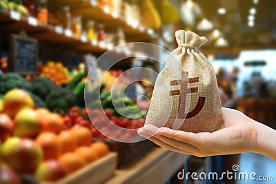 Money bag on the background of a grocery store counter with fresh organic vegetables and fruits. Concept of cost of goods and food Stock Photo