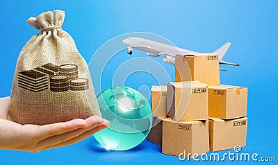 Money bag, blue globe, cardboard boxes and freight airplane. International world trade. Deliver goods, shipping. Import export Stock Photo