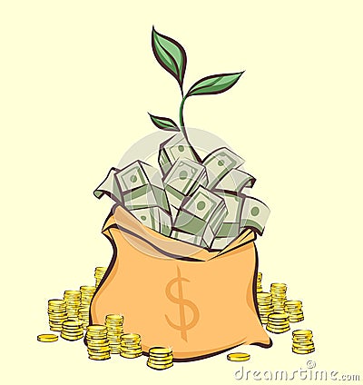 Money bag with bunches of dollars, coins stacks beside and money tree sprout, cartoon style, isolated vector illustration Vector Illustration