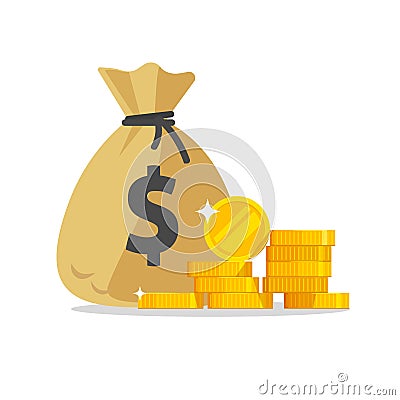 Money bag or cash sack near coins stack icon vector flat cartoon illustration isolated on white background, idea of Vector Illustration