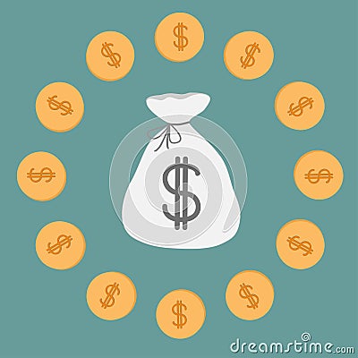 Money bag and coins. Icon. Dollar sign. Vector Illustration