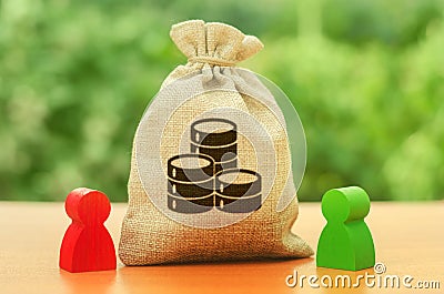 Money bag with money coins symbol and two people figures. Business Investment and lending, leasing. Business relationship. Dispute Stock Photo