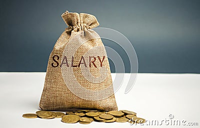 Money bag and coins with the word Salary. The concept of accumulation of wages. Saving profits and income. Payroll. Financial Stock Photo