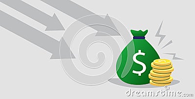 Money bag with dollar sign and coins stack falling down arrows financial crisis failure budget collapse concept Vector Illustration